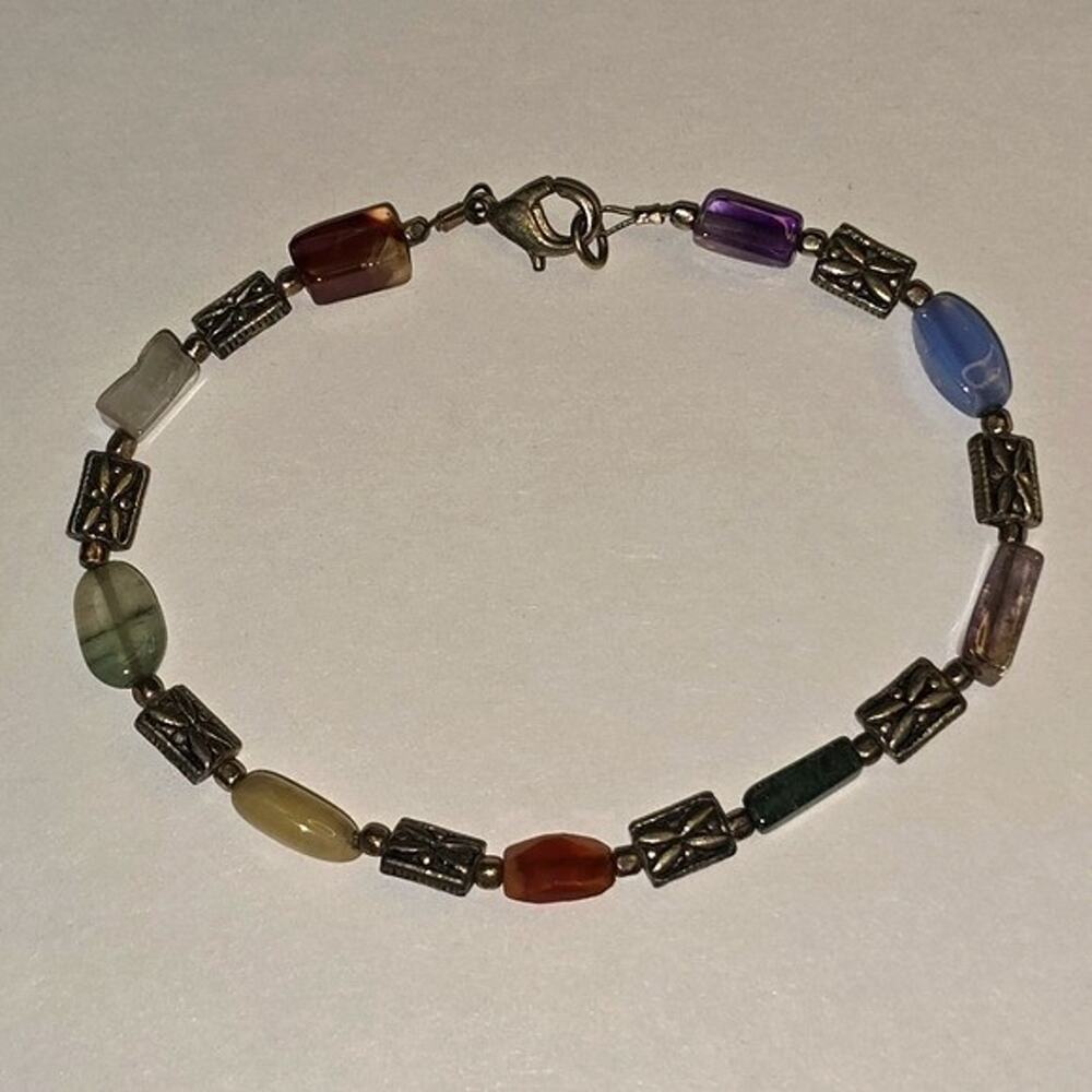 Vintage Style Multi Gemstone Butterfly Spacer Bead Bracelet Silver Tone 7.5in